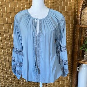 Philosophy Sky Blue Lace inset Accent Blouse poets top XS